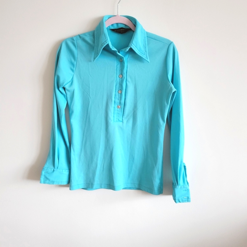 Vintage pointed collar blouse button shirt size XS S half zip polo 70s blue teal